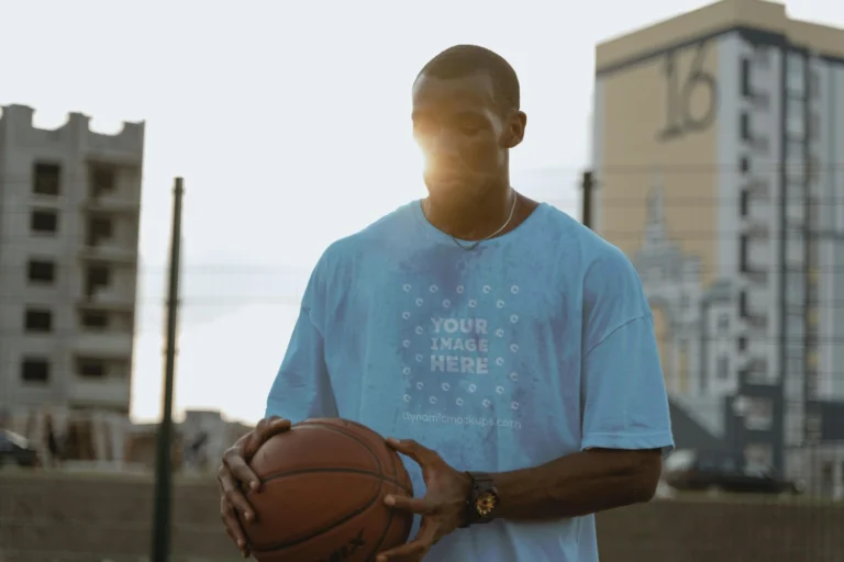 Man Wearing Light Blue T-shirt Mockup Front View Template