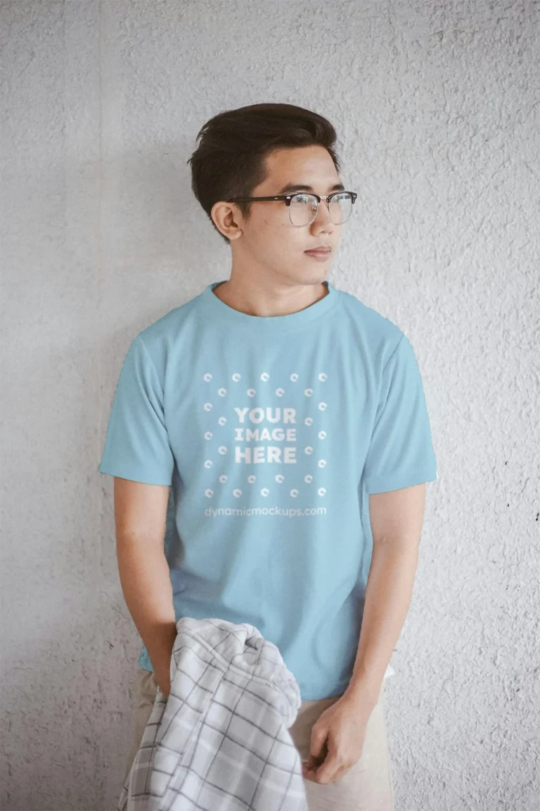 Man Wearing Light Blue T-shirt Mockup Front View Template