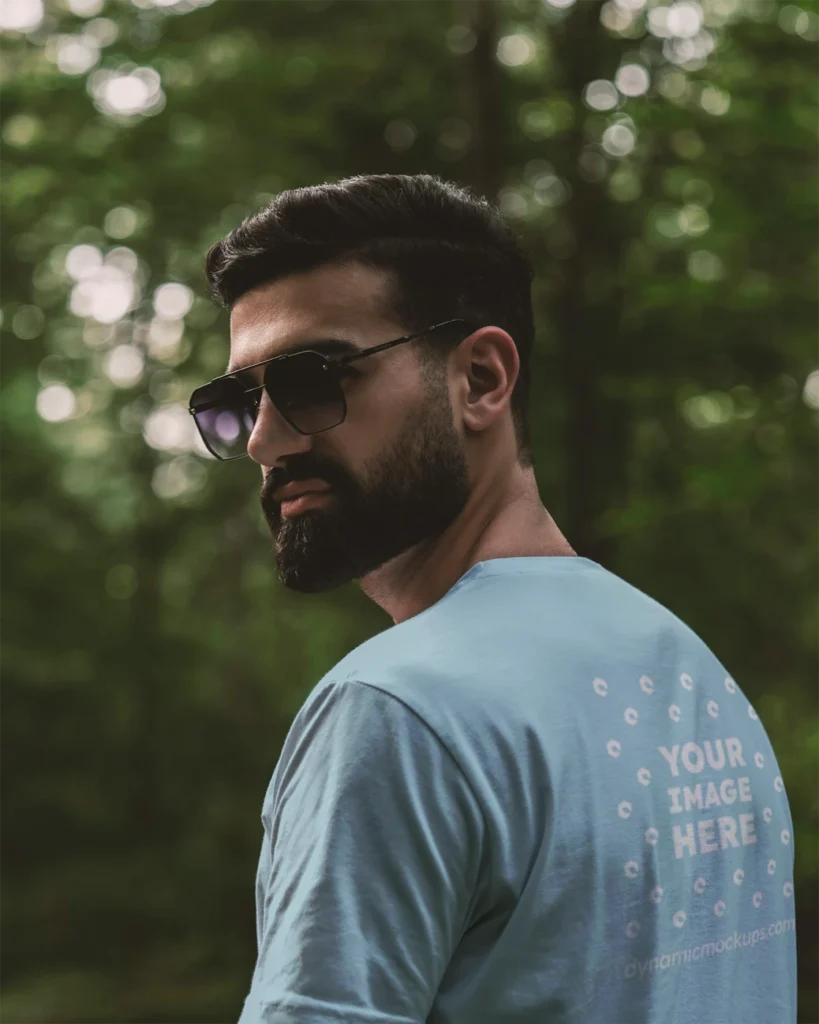 Man Wearing Light Blue T-shirt Mockup Back View Template