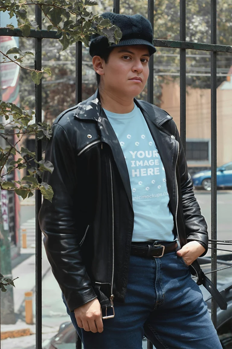 Man Wearing Light Blue T-shirt Mockup Front View Template