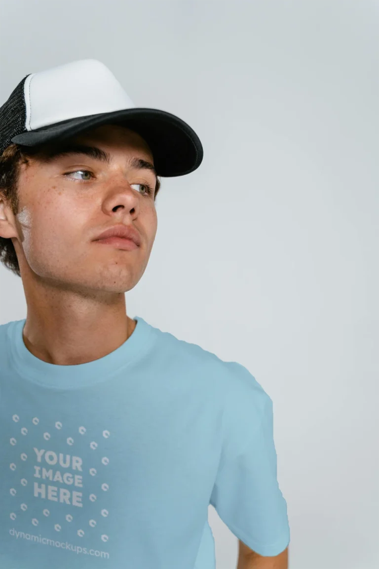 Man Wearing Light Blue T-shirt Mockup Front View Template