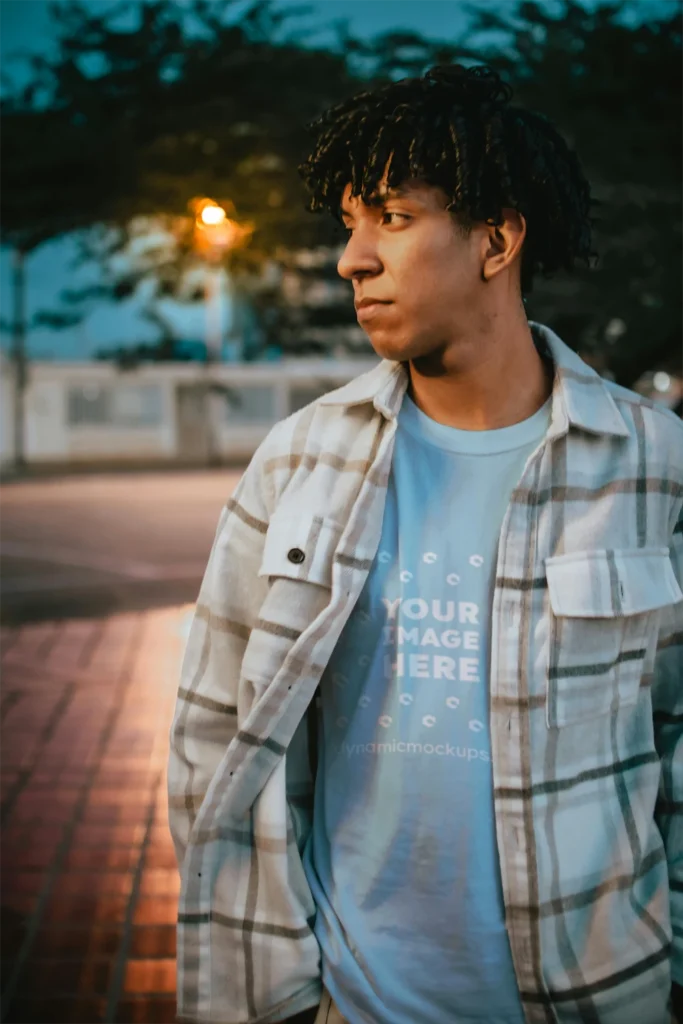 Man Wearing Light Blue T-shirt Mockup Front View Template