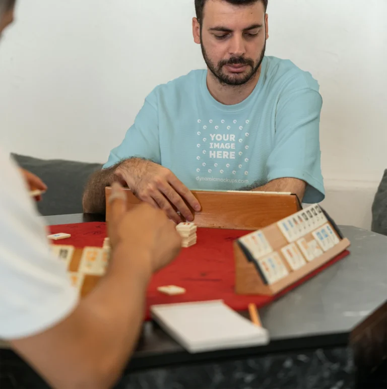 Man Wearing Light Blue T-shirt Mockup Front View Template