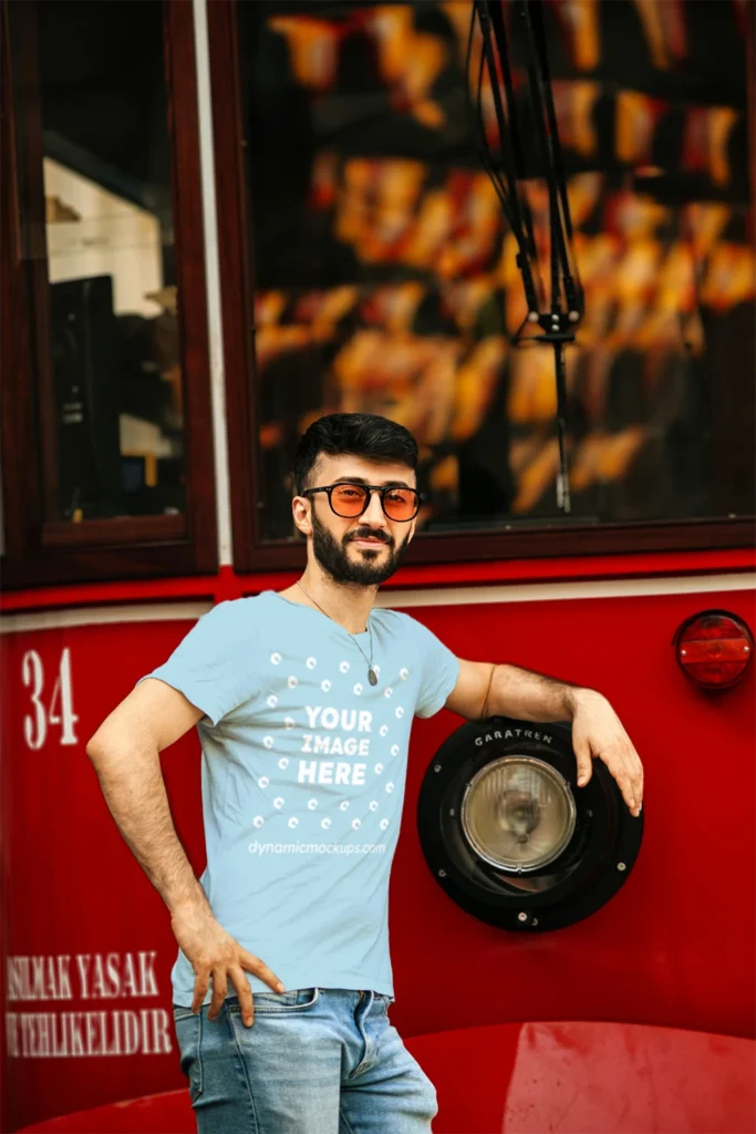 Man Wearing Light Blue T-shirt Mockup Front View Template