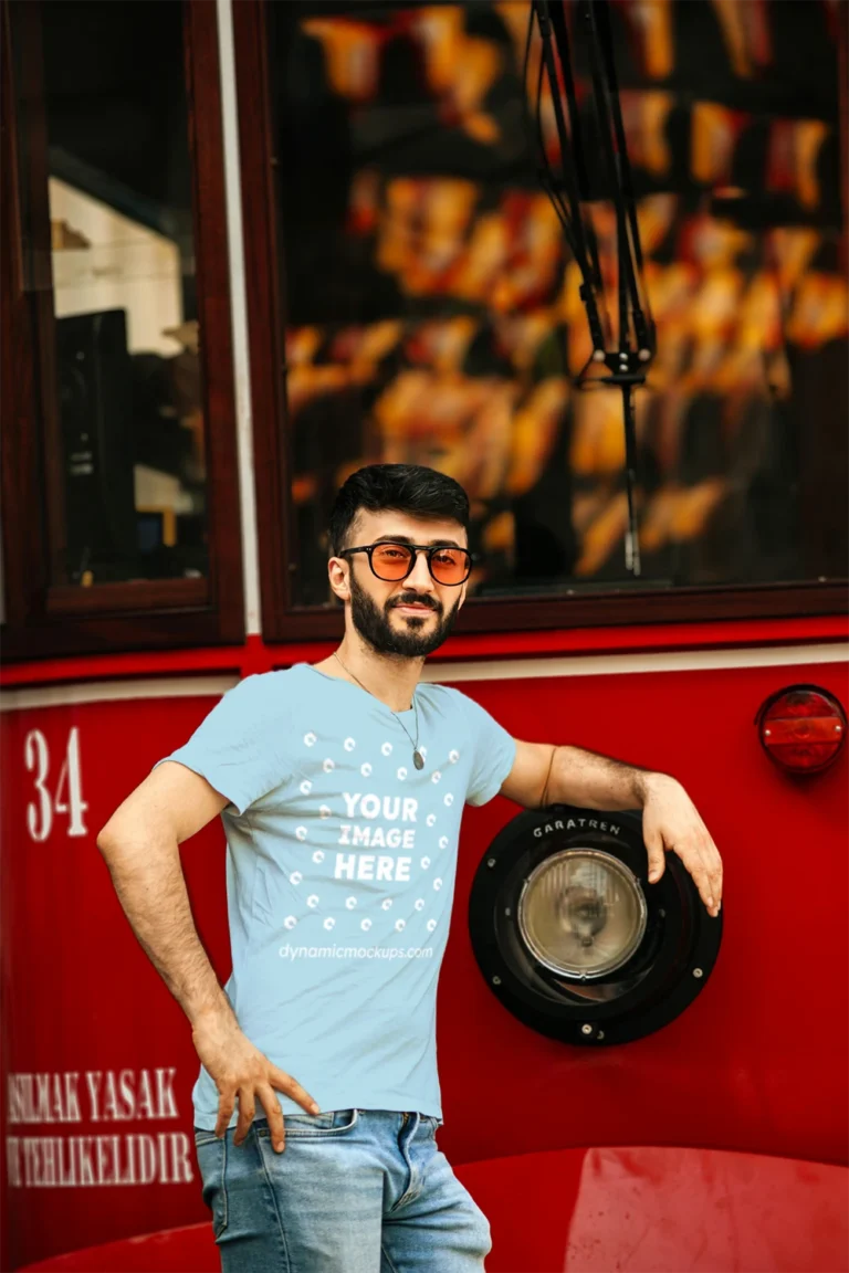 Man Wearing Light Blue T-shirt Mockup Front View Template