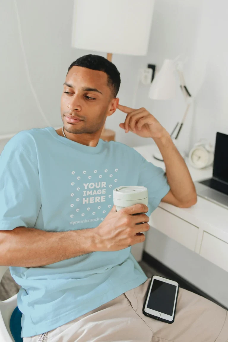 Man Wearing Light Blue T-shirt Mockup Front View Template