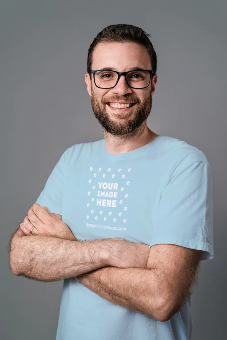 Man Wearing Light Blue T-shirt Mockup Front View Template