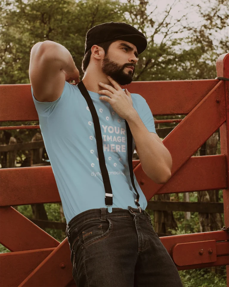 Man Wearing Light Blue T-shirt Mockup Front View Template