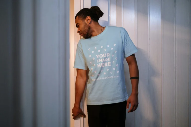 Man Wearing Light Blue T-shirt Mockup Front View Template