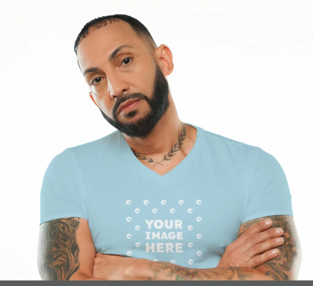 Man Wearing Light Blue T-shirt Mockup Front View Template
