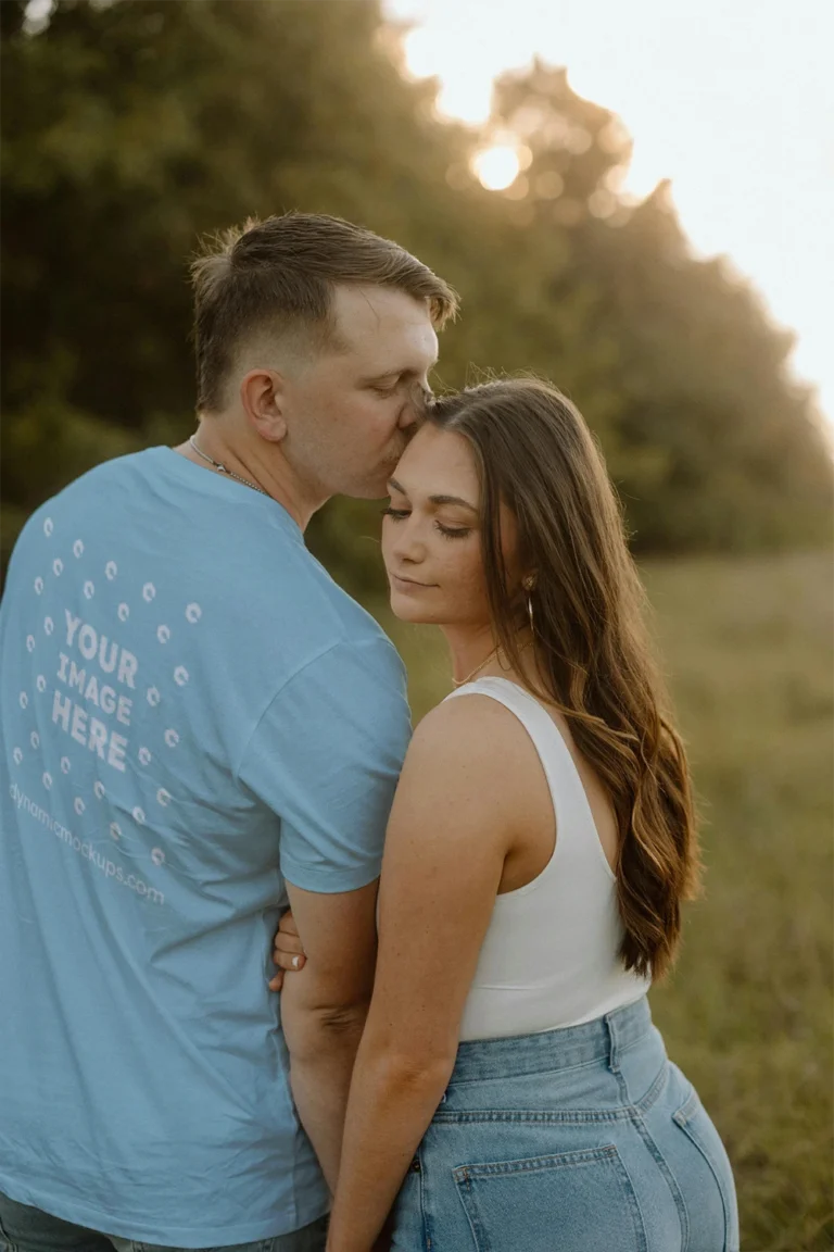 Man Wearing Light Blue T-shirt Mockup Back View Template