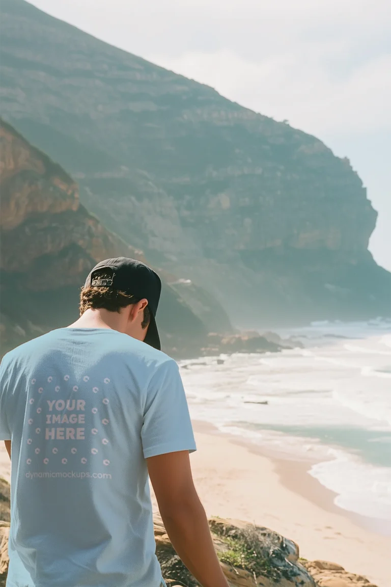 Man Wearing Light Blue T-shirt Mockup Back View Template