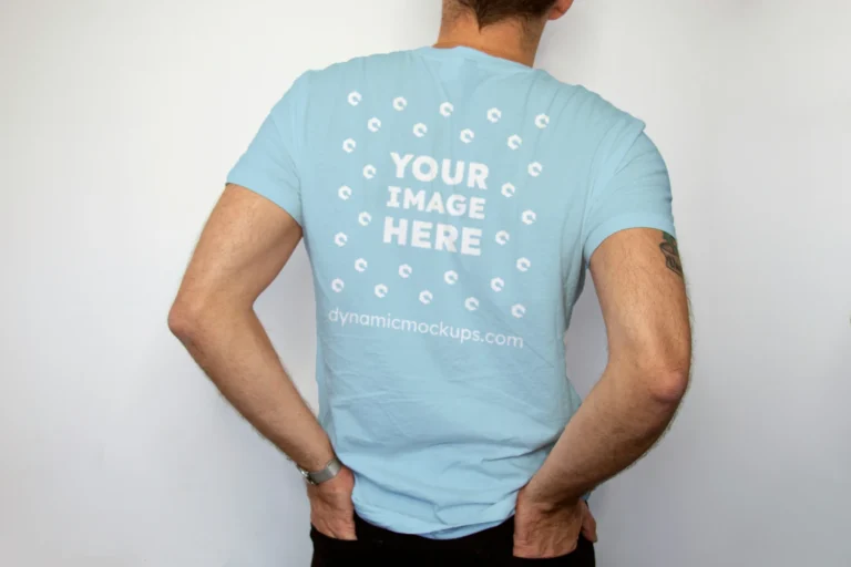 Man Wearing Light Blue T-shirt Mockup Back View Template