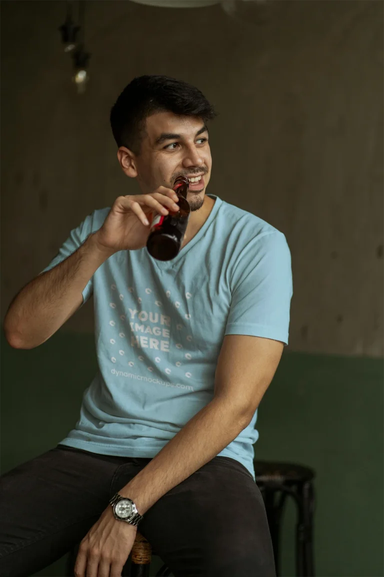 Man Wearing Light Blue T-shirt Mockup Front View Template