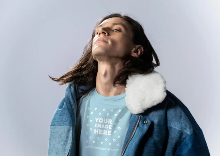 Man Wearing Light Blue T-shirt Mockup Front View Template
