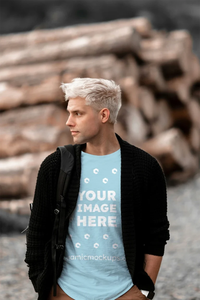 Man Wearing Light Blue T-shirt Mockup Front View Template