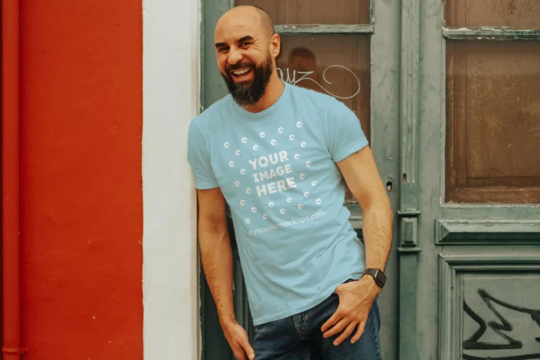 Man Wearing Light Blue T-shirt Mockup Front View Template