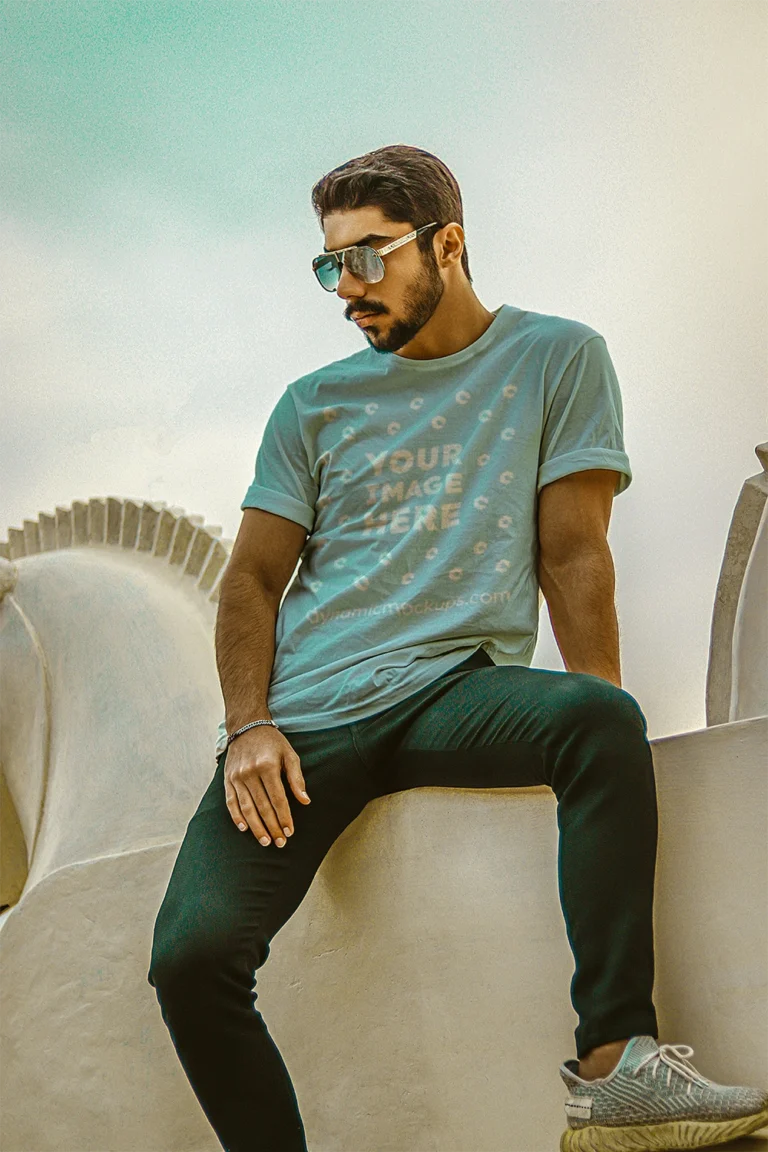 Man Wearing Light Blue T-shirt Mockup Front View Template
