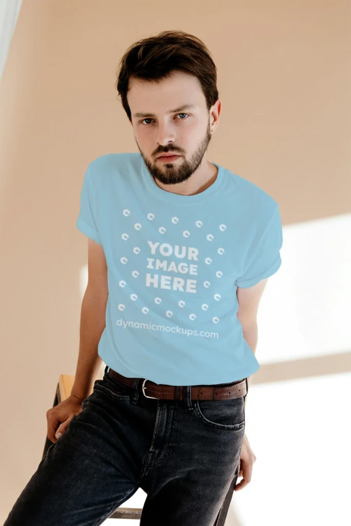Man Wearing Light Blue T-shirt Mockup Front View Template