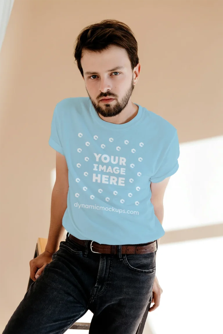 Man Wearing Light Blue T-shirt Mockup Front View Template