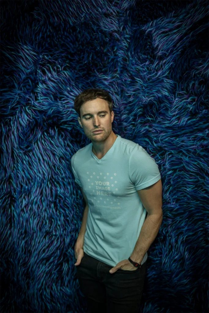 Man Wearing Light Blue T-shirt Mockup Front View Template