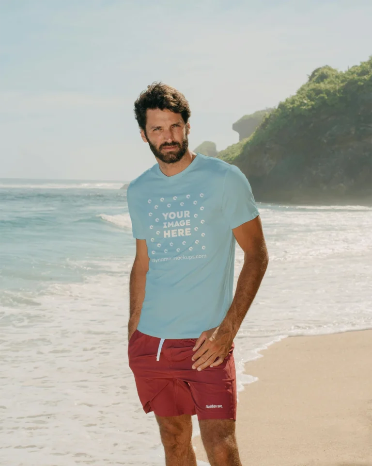 Man Wearing Light Blue T-shirt Mockup Front View Template