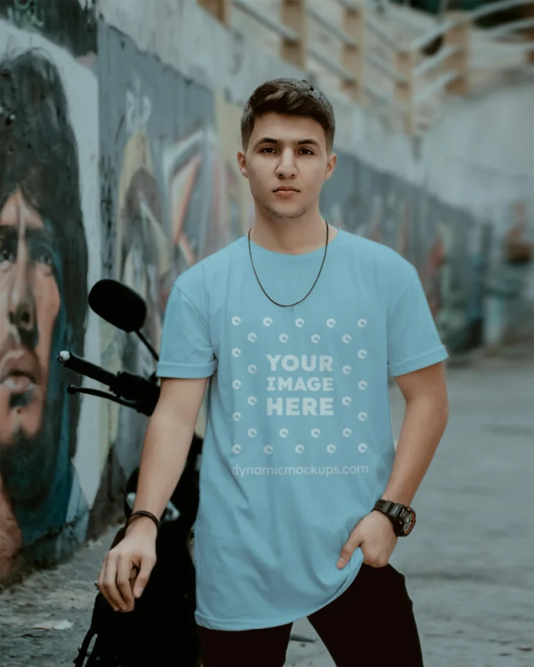 Man Wearing Light Blue T-shirt Mockup Front View Template