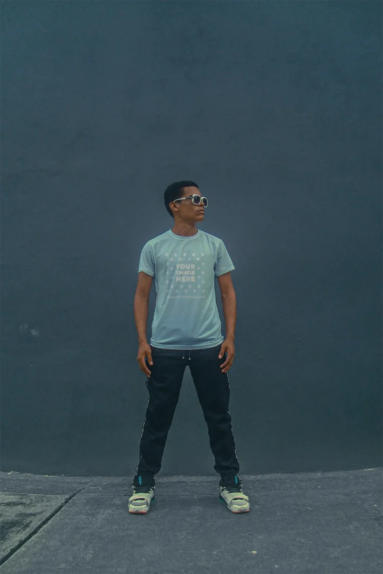 Man Wearing Light Blue T-shirt Mockup Front View Template
