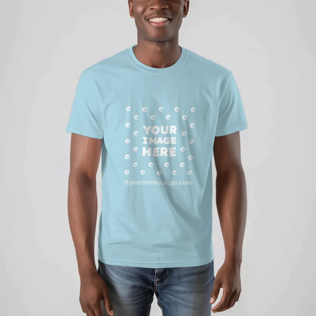 Man Wearing Light Blue T-shirt Mockup Front View Template