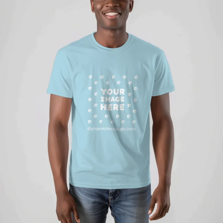 Man Wearing Light Blue T-shirt Mockup Front View Template