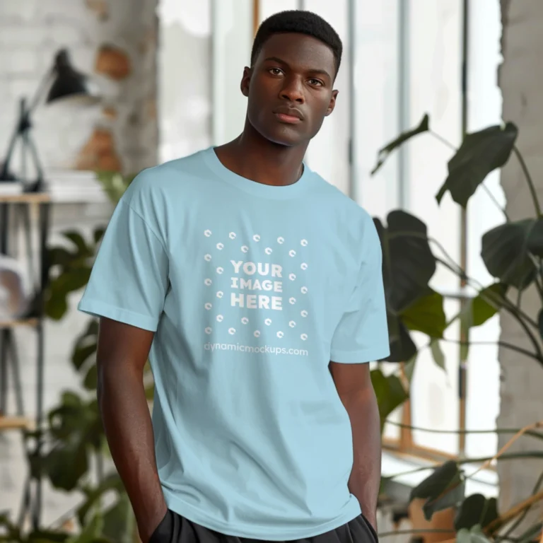 Man Wearing Light Blue T-shirt Mockup Front View Template
