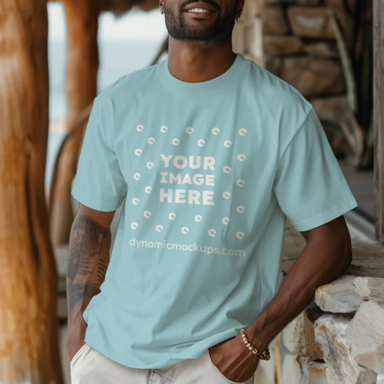 Man Wearing Light Blue T-shirt Mockup Front View Template