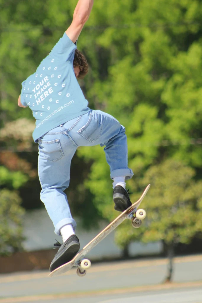 Man Wearing Light Blue T-shirt Mockup Back View Template