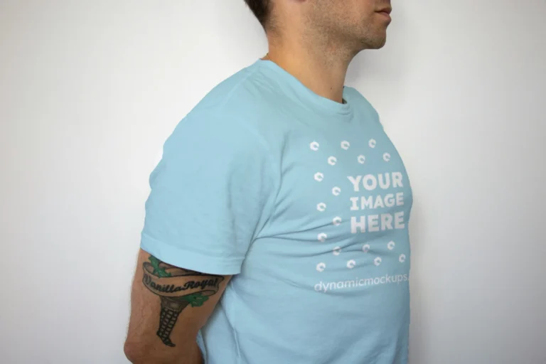 Man Wearing Light Blue T-shirt Mockup Front View Template
