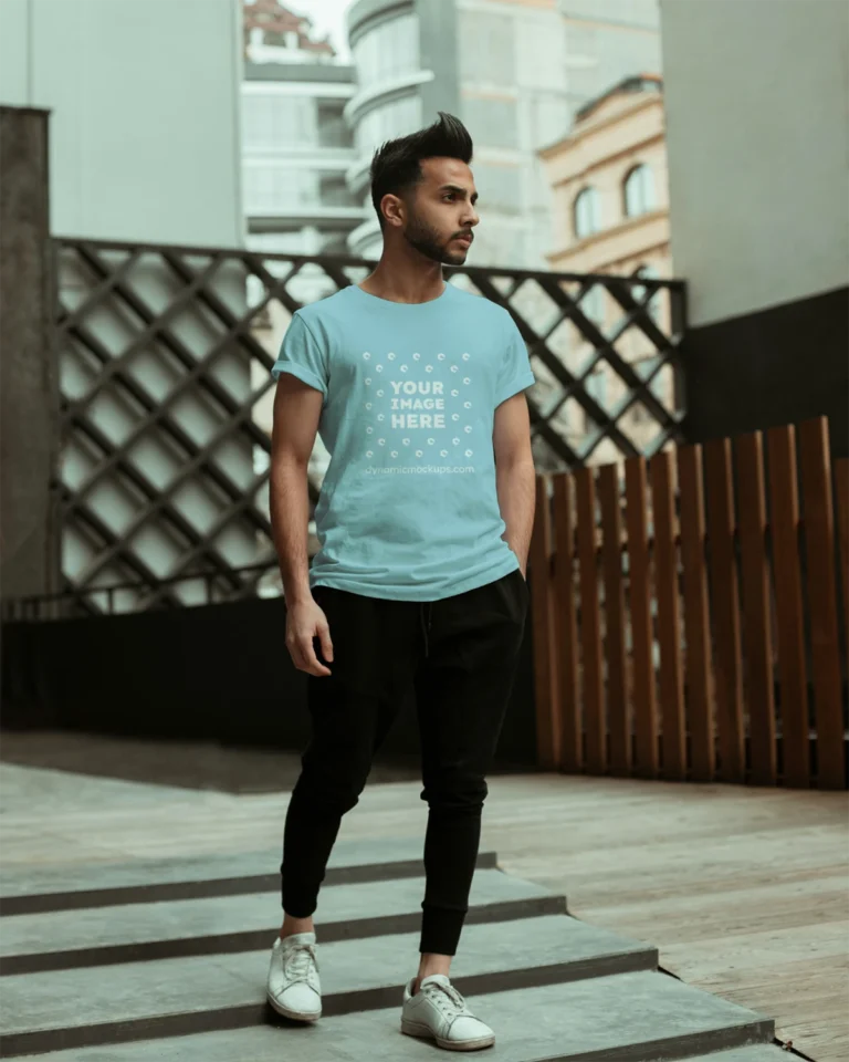 Man Wearing Light Blue T-shirt Mockup Front View Template