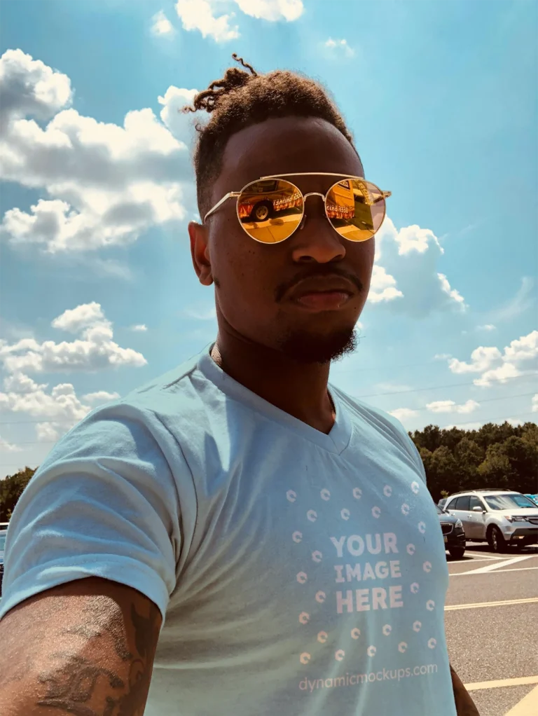 Man Wearing Light Blue T-shirt Mockup Front View Template