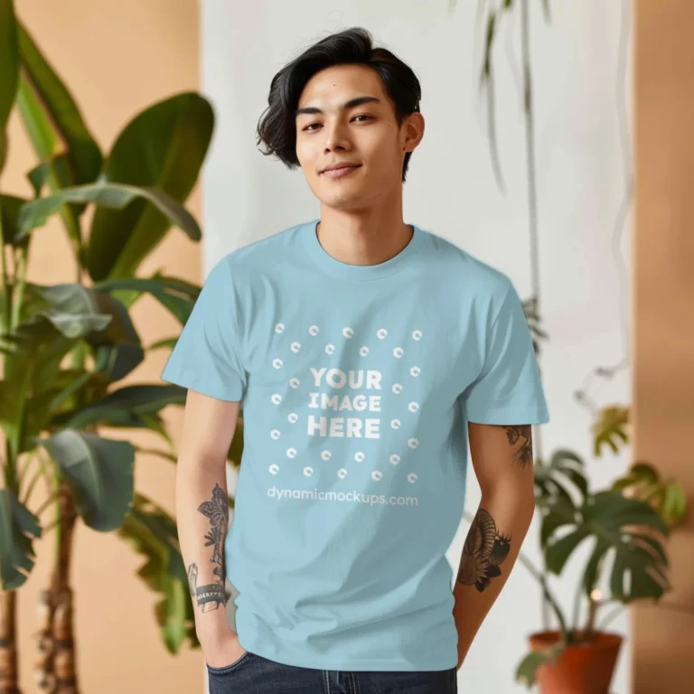 Man Wearing Light Blue T-shirt Mockup Front View Template