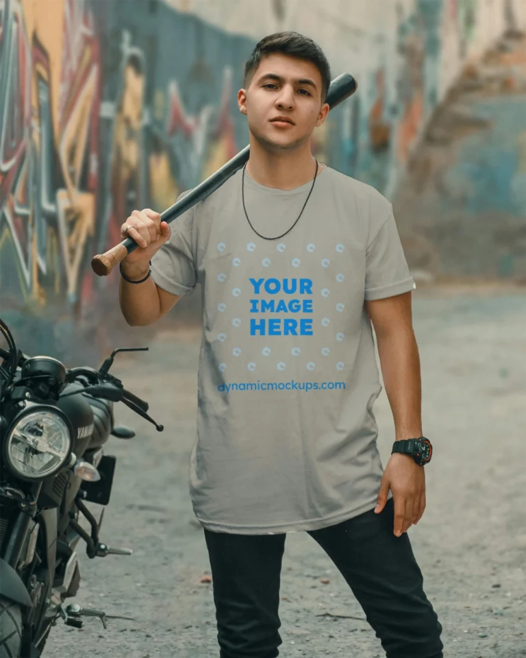 Man Wearing Light Gray T-shirt Mockup Front View Template