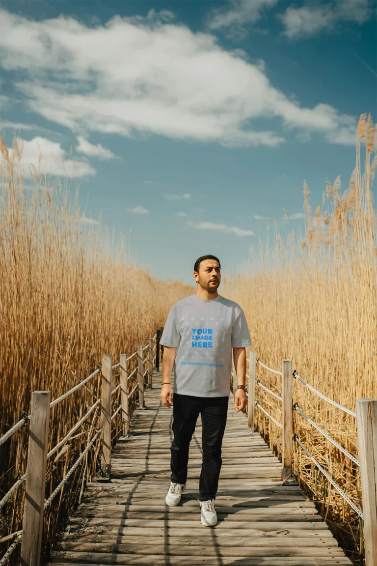Man Wearing Light Gray T-shirt Mockup Front View Template