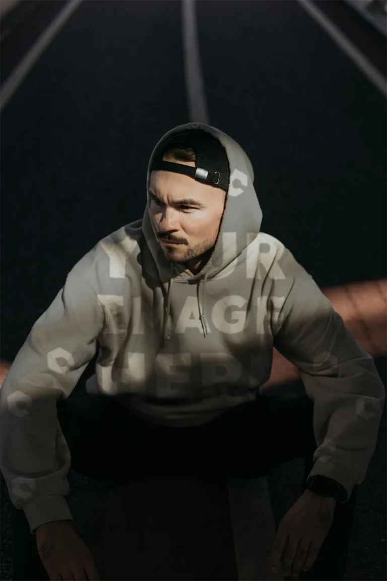 Man Wearing Light Gray Hoodie Mockup Front View Template