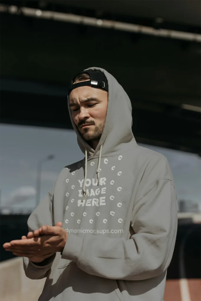 Man Wearing Light Gray Hoodie Mockup Front View Template