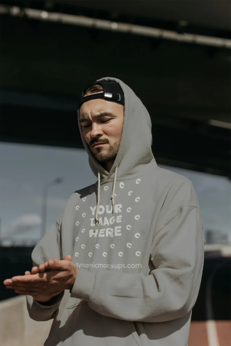 Man Wearing Light Gray Hoodie Mockup Front View Template
