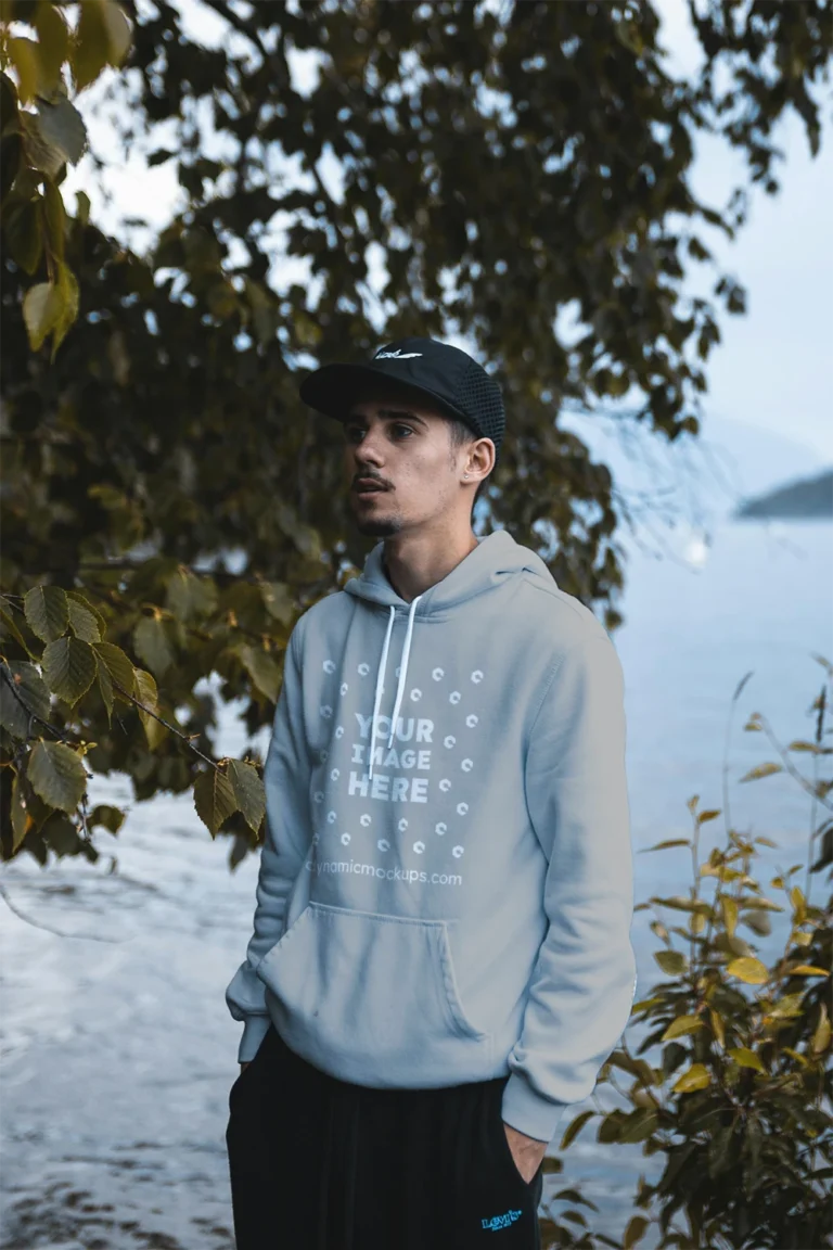 Man Wearing Light Gray Hoodie Mockup Front View Template