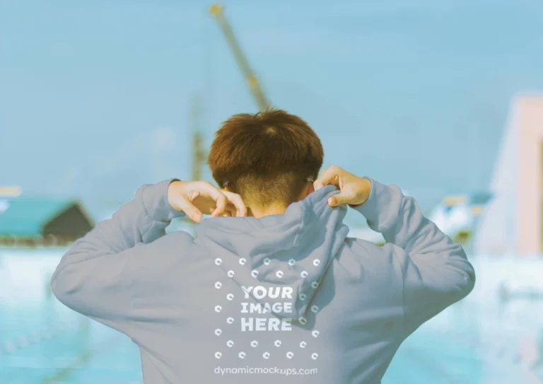 Man Wearing Light Gray Hoodie Mockup Back View Template