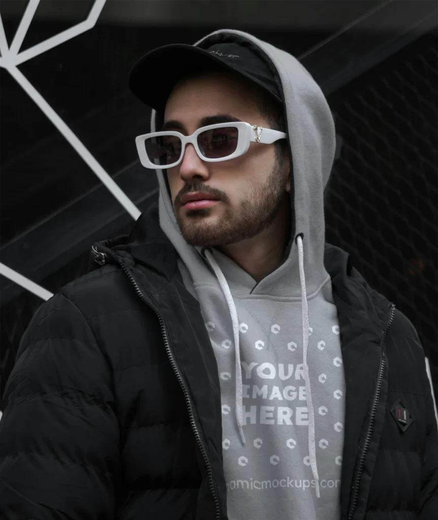 Man Wearing Light Gray Hoodie Mockup Front View Template