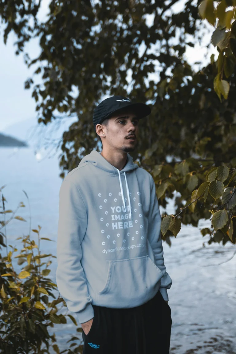 Man Wearing Light Gray Hoodie Mockup Front View Template
