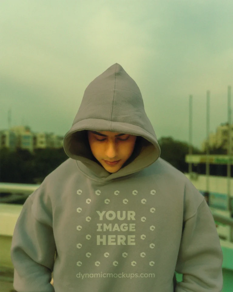 Man Wearing Light Gray Hoodie Mockup Front View Template