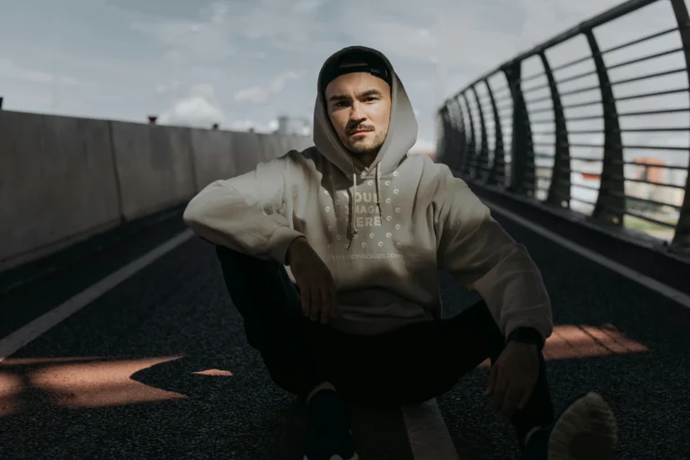Man Wearing Light Gray Hoodie Mockup Front View Template