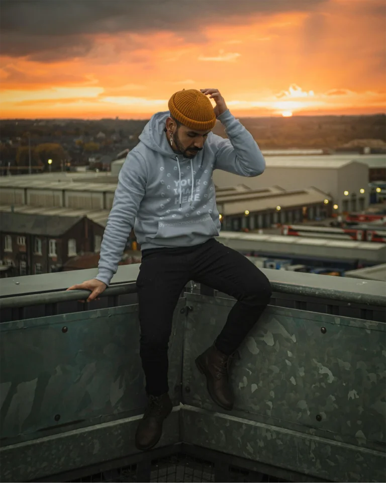 Man Wearing Light Gray Hoodie Mockup Front View Template