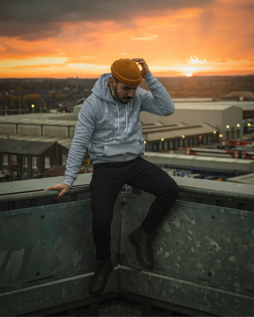 Man Wearing Light Gray Hoodie Mockup Front View Template